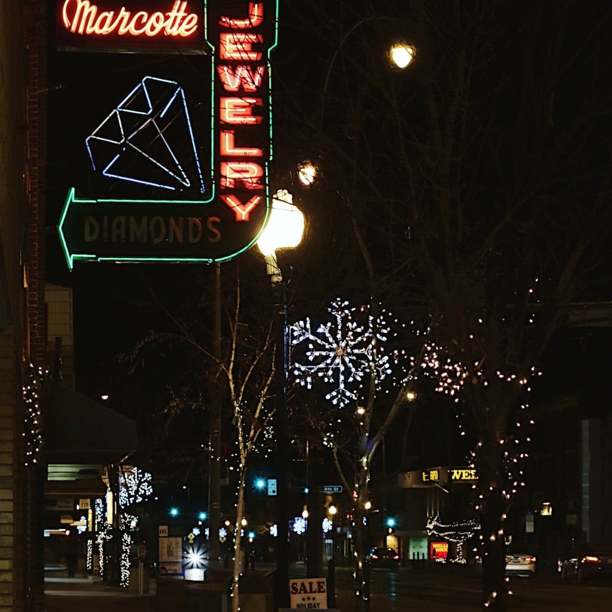 Downtown Marshall - Main Street Marcotte Jewelry Lights at Night