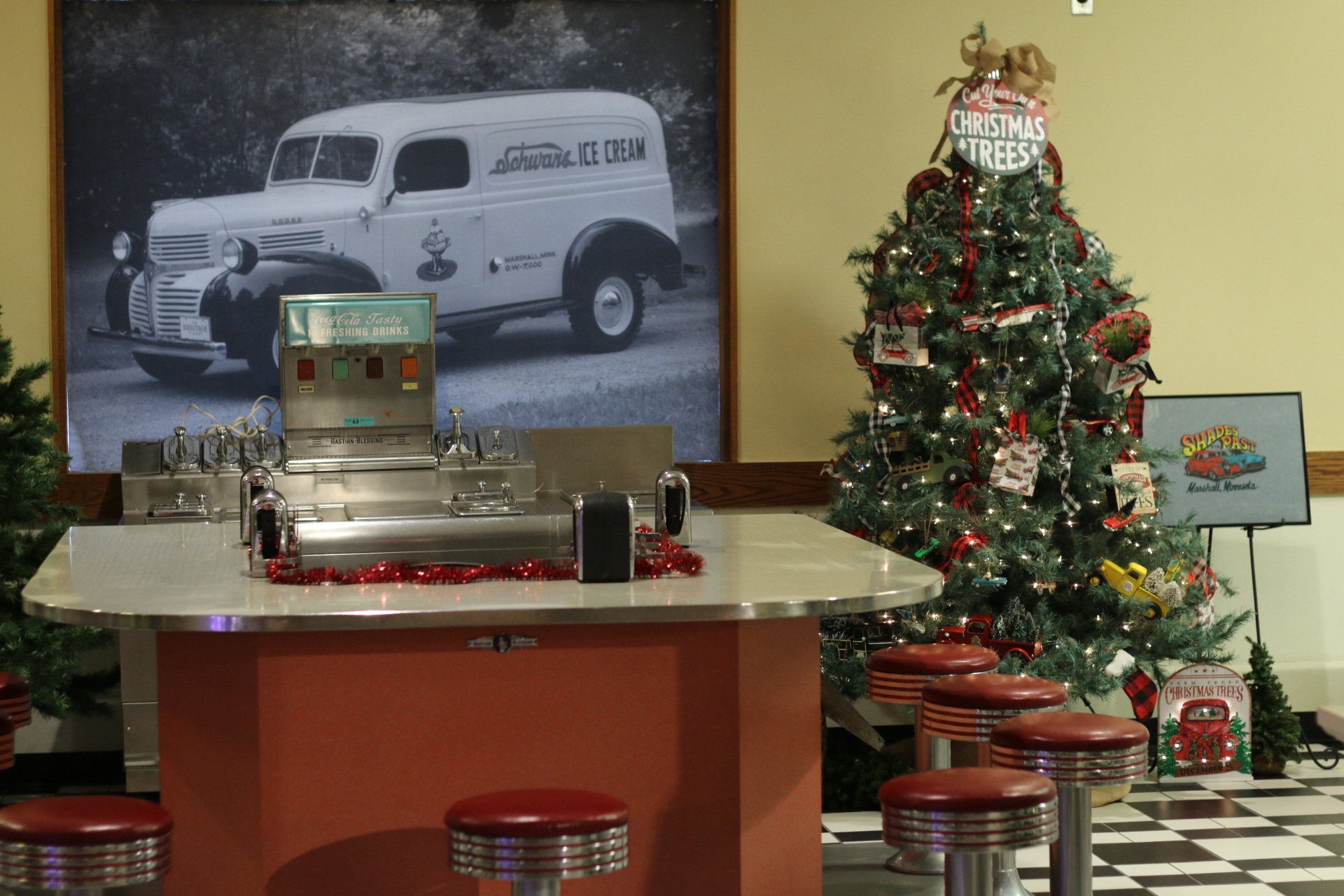 Lyon County Museum - Diner seats and Christmas Tree