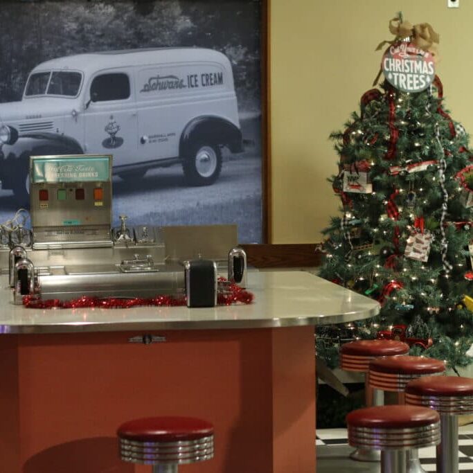 Lyon County Museum - Diner seats and Christmas Tree